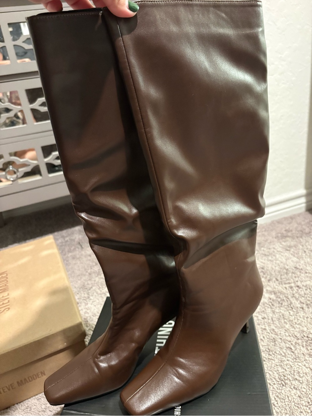 PrettyLittleThing Brown Knee-High Square Toe Heeled Boots